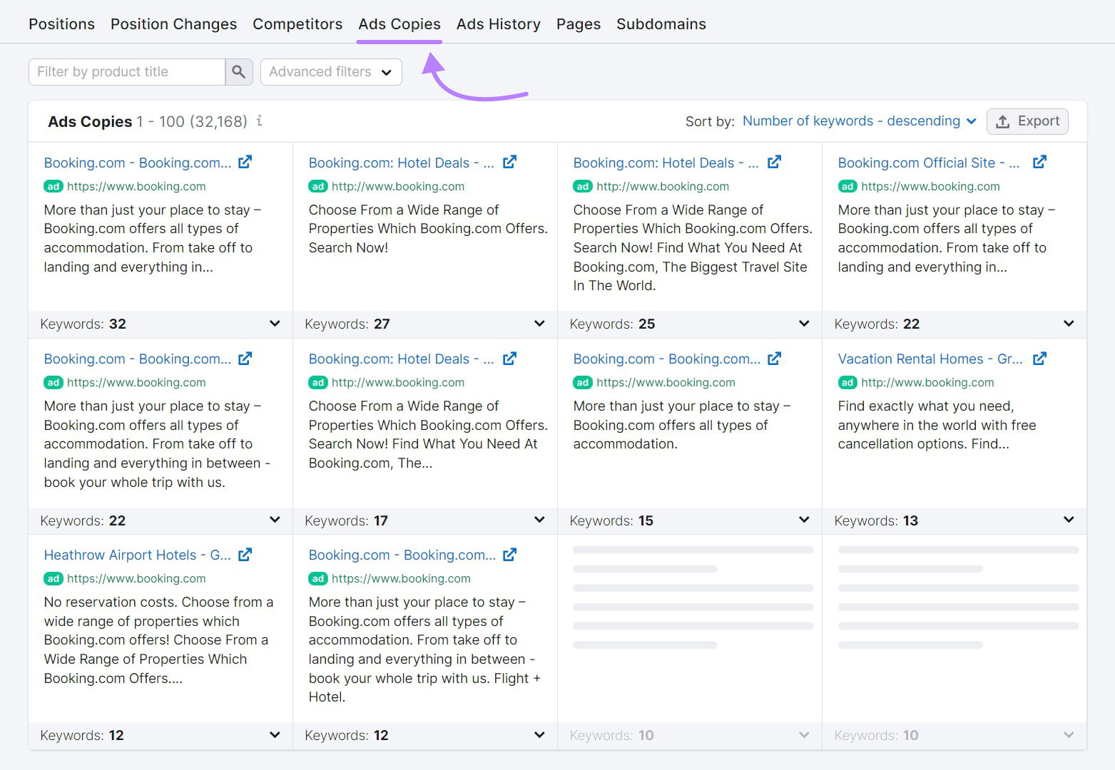 "Ads Copies" tab for "booking.com" in Advertising Research tool