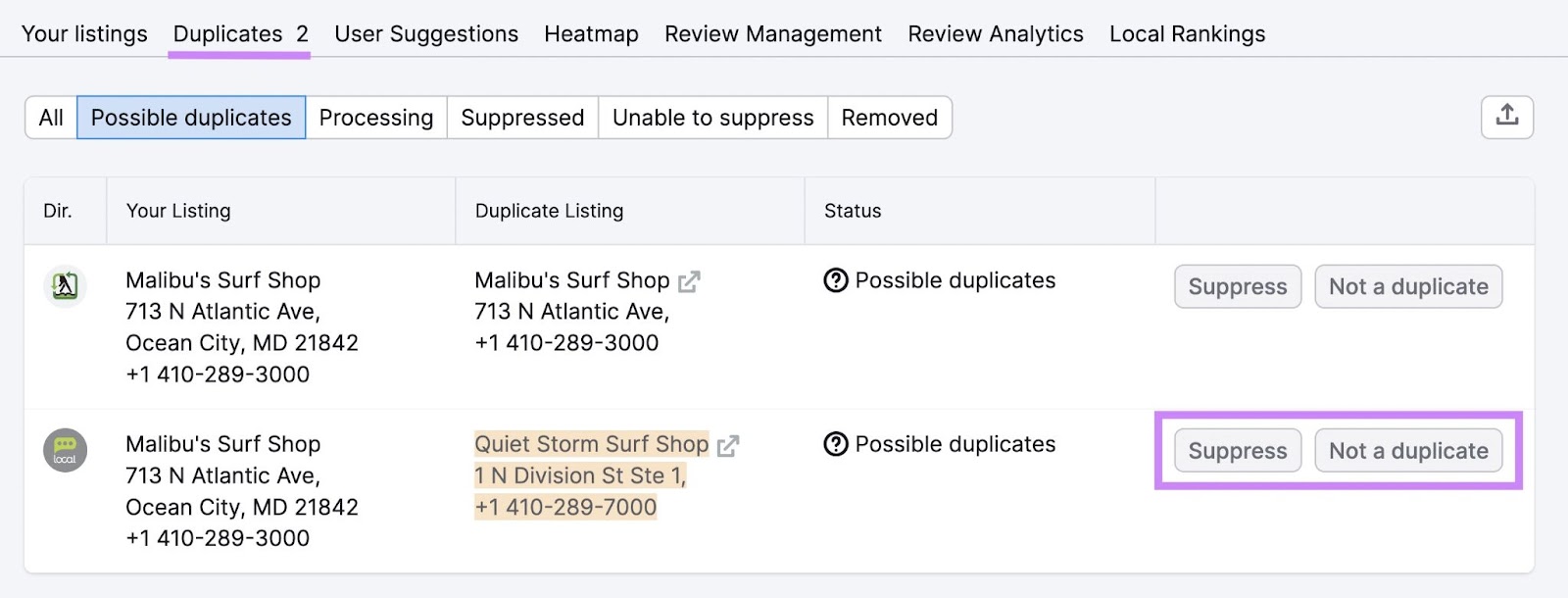 “Duplicates” tab in Listing Management tool