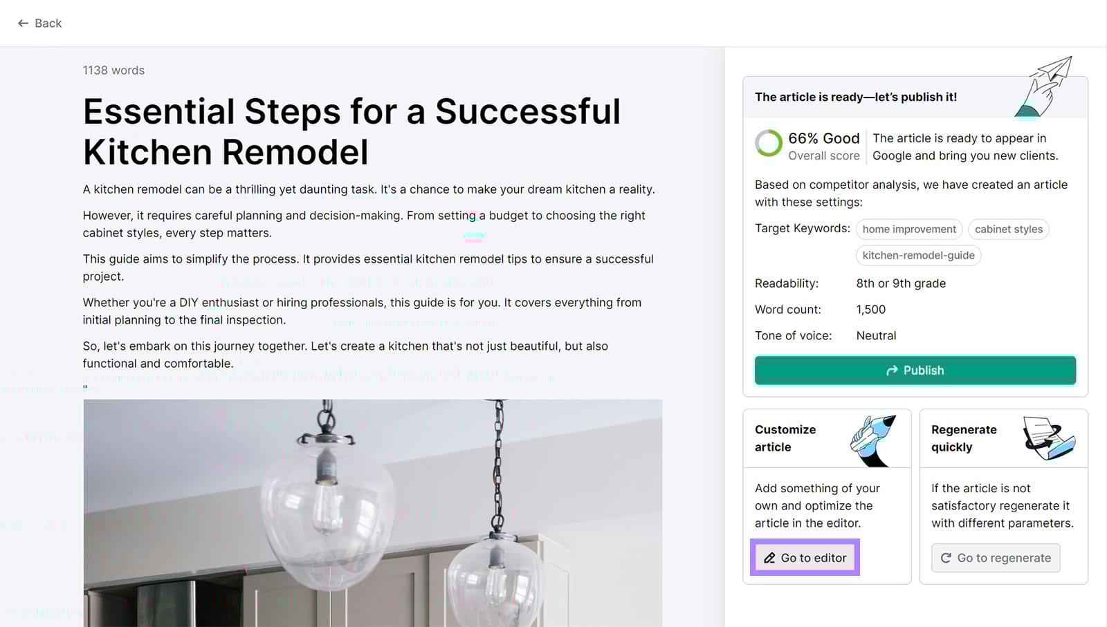 AI generated content preview screen with Go to editor button highlighted.