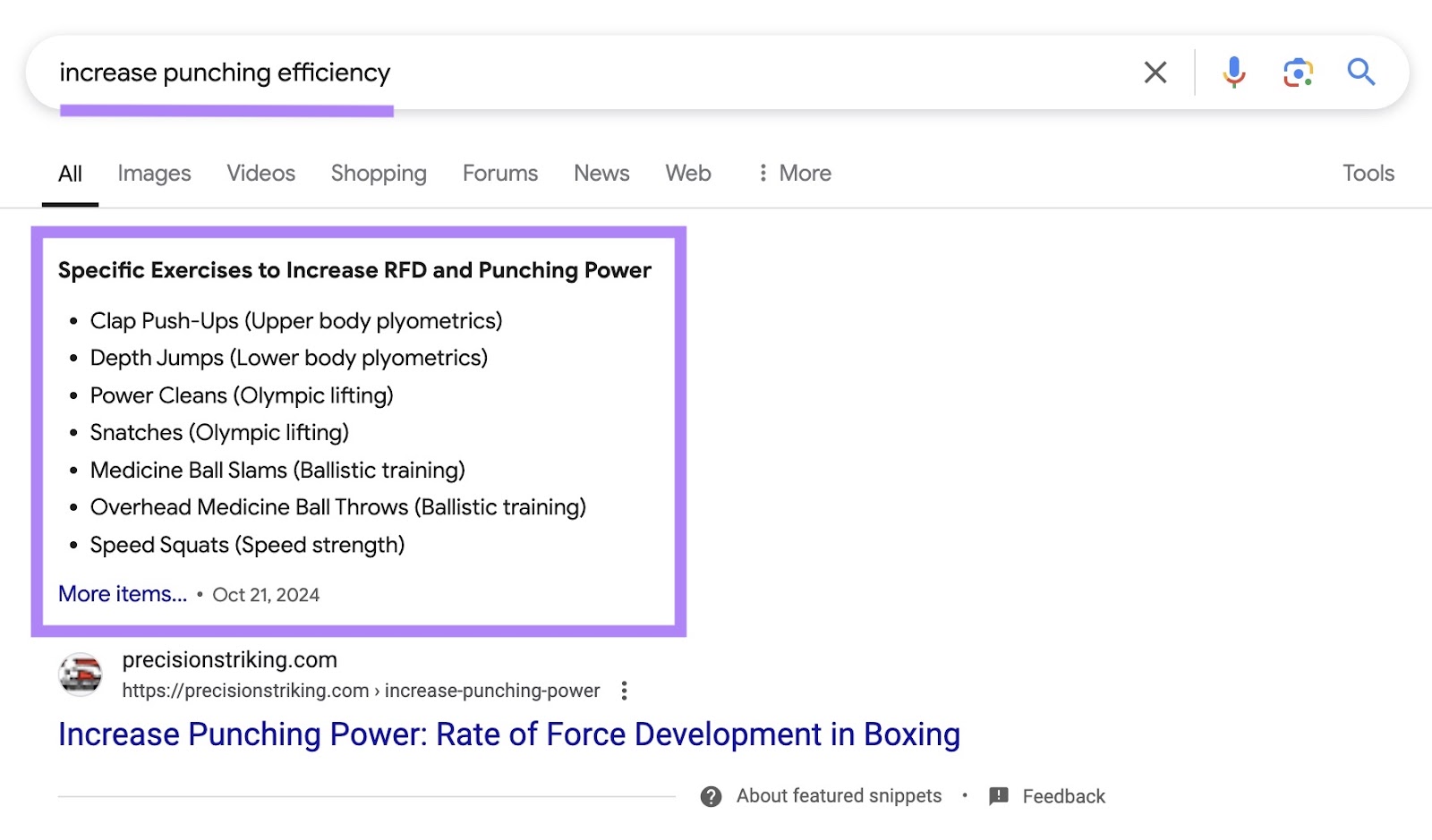 Google SERP for the term "increase punching efficiency" triggering an unordered list snippet.