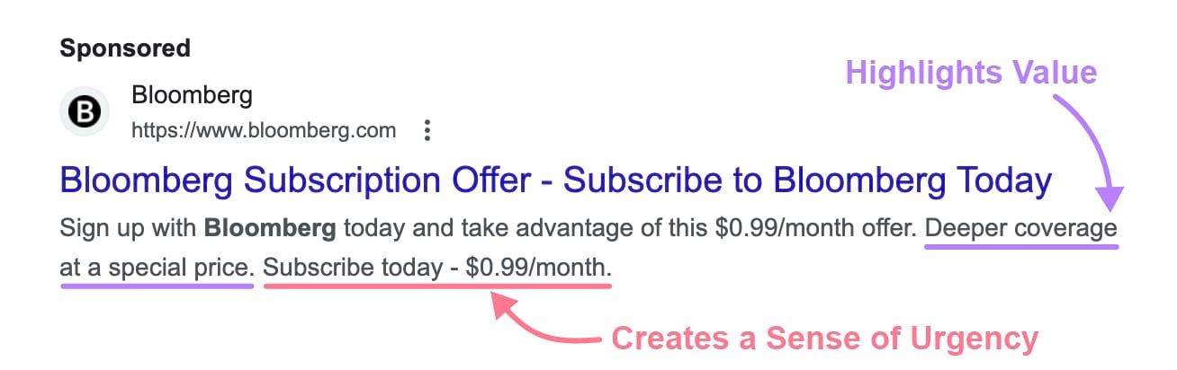 Bloomberg’s search ad with the copy highlighted