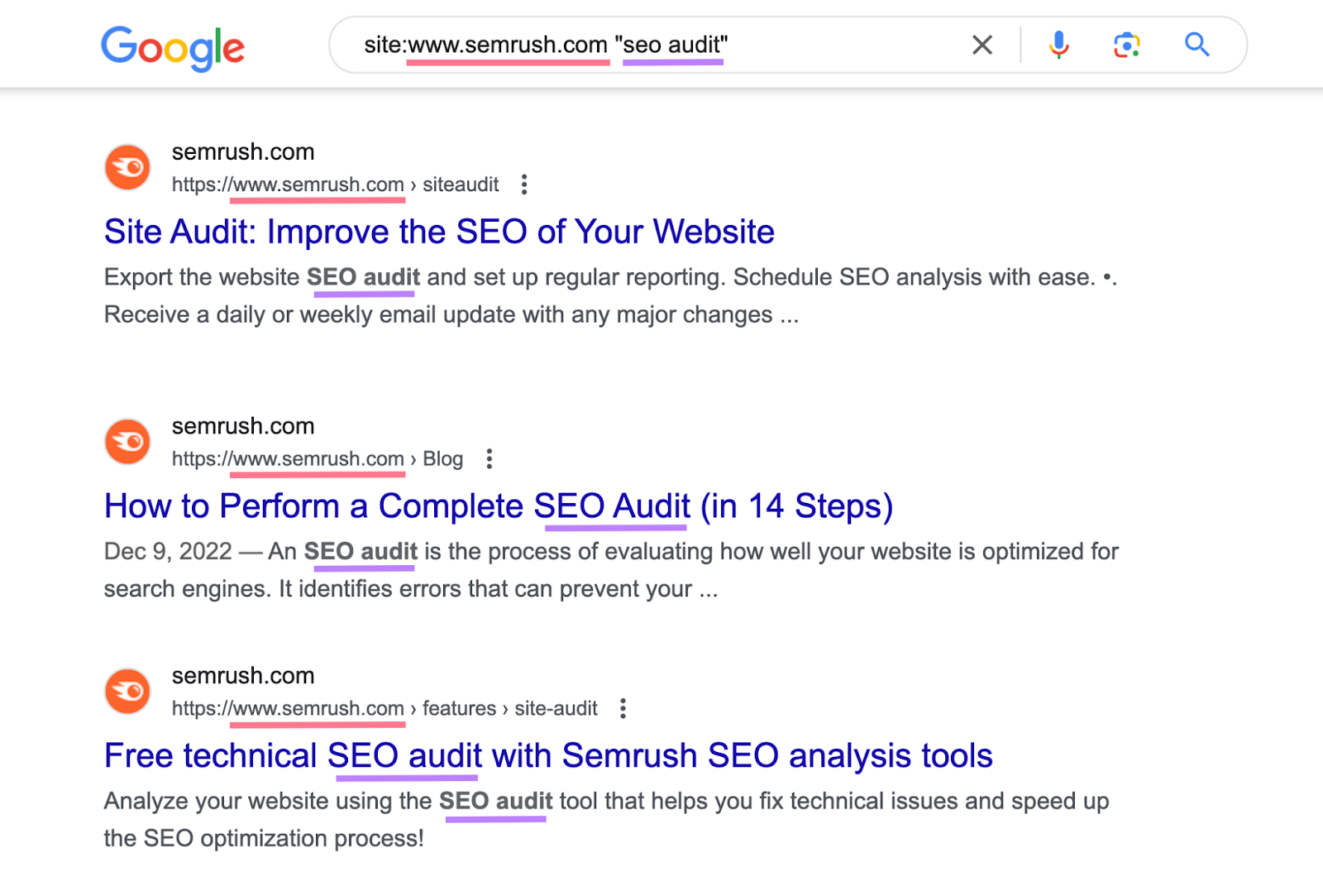 search for "site:seme1.bdseotools.com "seo audit"" shows list of urls on semrush with keyword mentioned