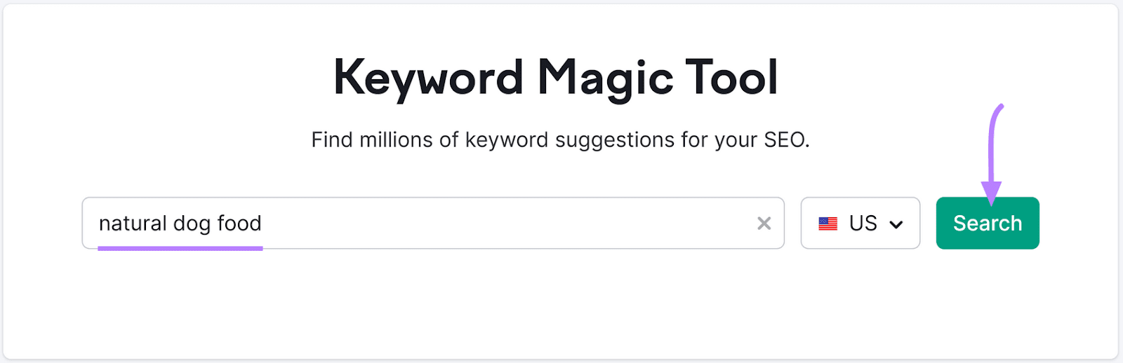 "natural dog food" keyword entered into the Keyword Magic Tool search bar