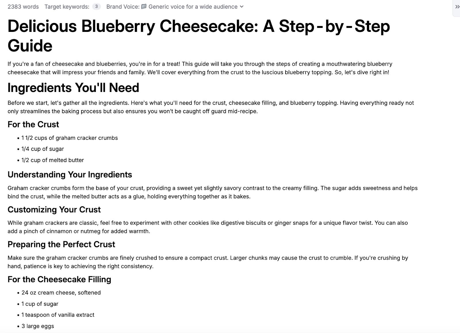 A blog post draft titled 'Delicious Blueberry Cheesecake: A step-by-step guide' generated using Semrush’s ContentShake AI.
