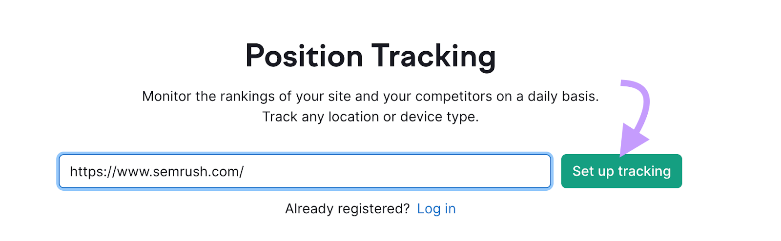 "https://seme1.bdseotools.com/" domain entered into the Position Tracking tool search bar