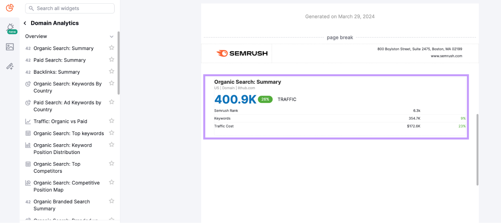 a summary of organic search data generated in My Reports