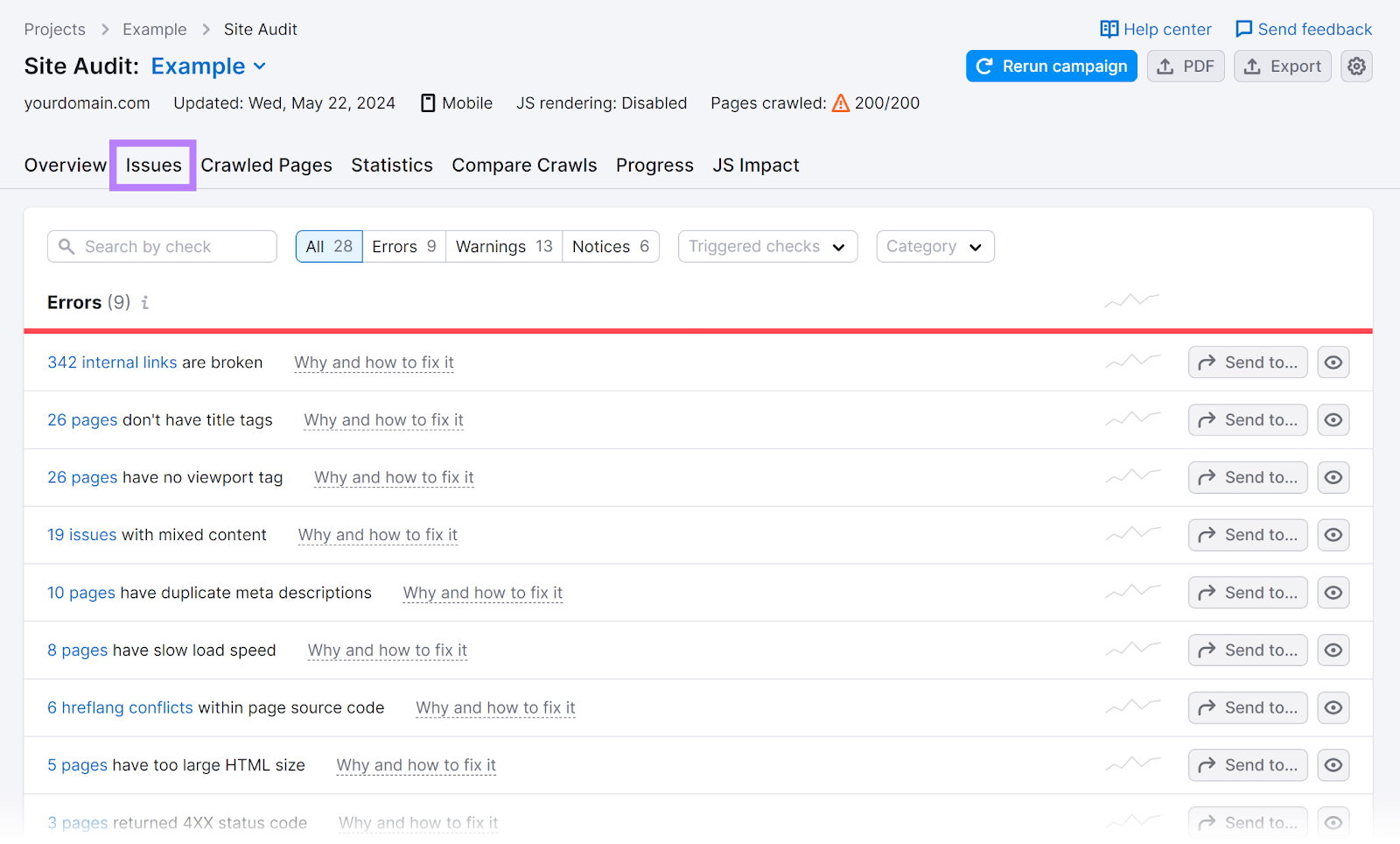 Issues tab open showing Errors section with the Issues tab button highlighted.