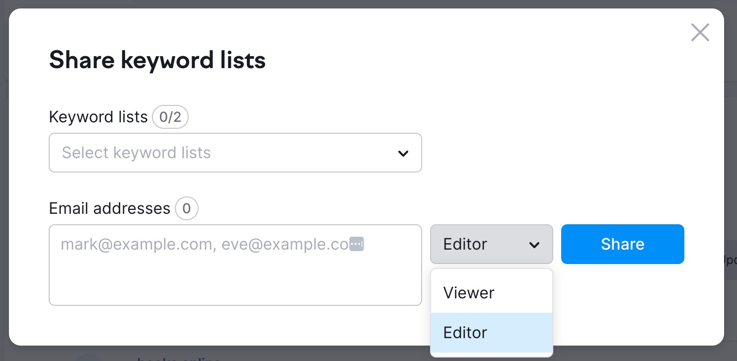 Share Keyword Lists wizard showing options to select the list to share, enter the recipient's email address, and choose the level of access.