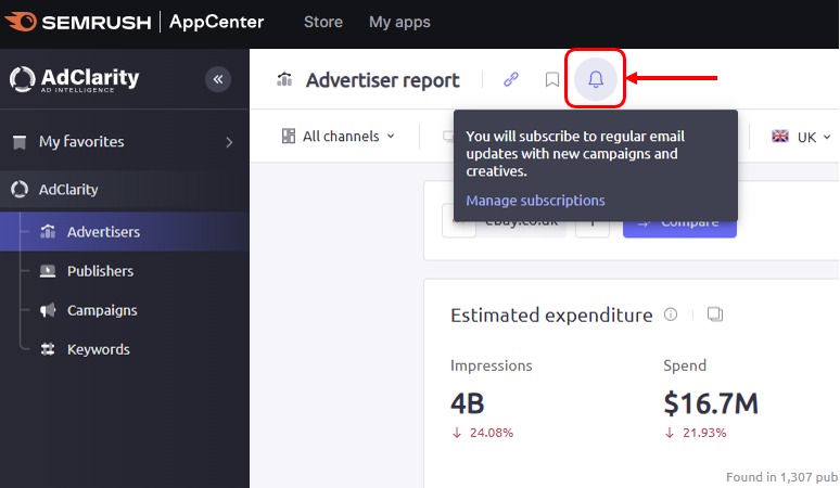 How to subscribe to advertisers and publishers in AdClarity — Advertising Intelligence